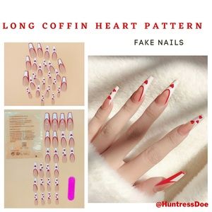Long Coffin Heart Pattern Fake Nail - 24pcs